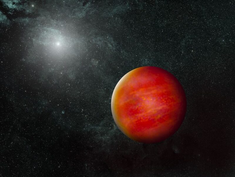 Brown dwarf population: A reddish world with a brighter star in the background.