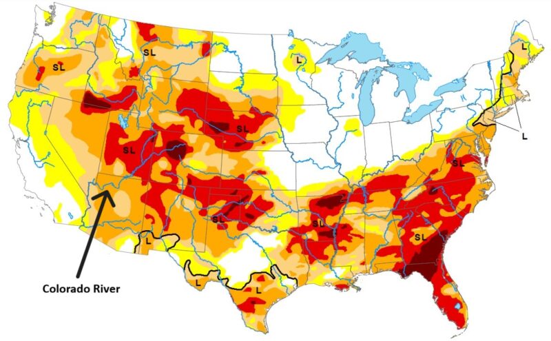 Map of the US with dark red blotches all over especially in the northern southwest and southeast.