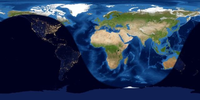 Rolled-out map of Earth with night and day sides visible.