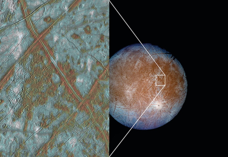 Europa's water vapor plumes: Icy moon with darker brownish areas. Inset with closeup of surface with criss-crossing long brown cracks.