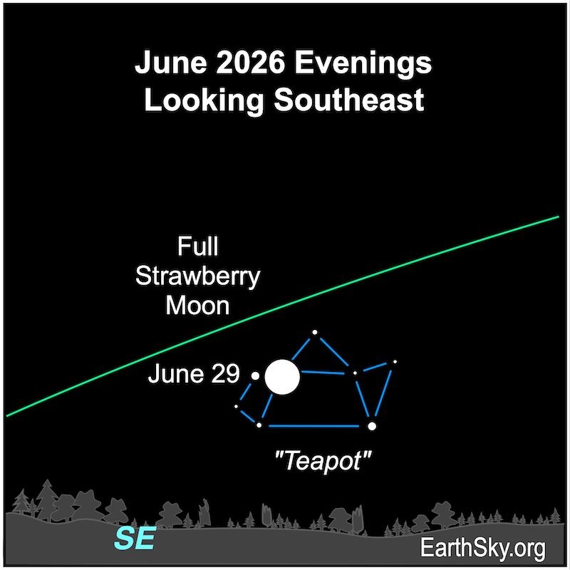 A disk, the full moon, lies among eight dots, representing the stars of the Teapot asterism. They are above the wavy line of the horizon.