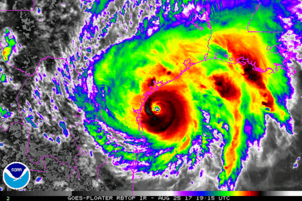 Animated radar image of a rotating hurricane in false color hitting Texas.