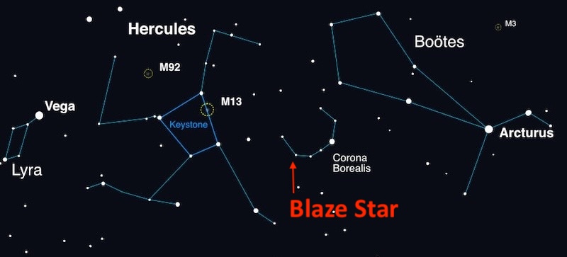 Star chart with 3 constellations Hercules, Corona Borealis and Boötes, 3 labeled stars and 2 clusters ... and with the Blaze Star's location marked.
