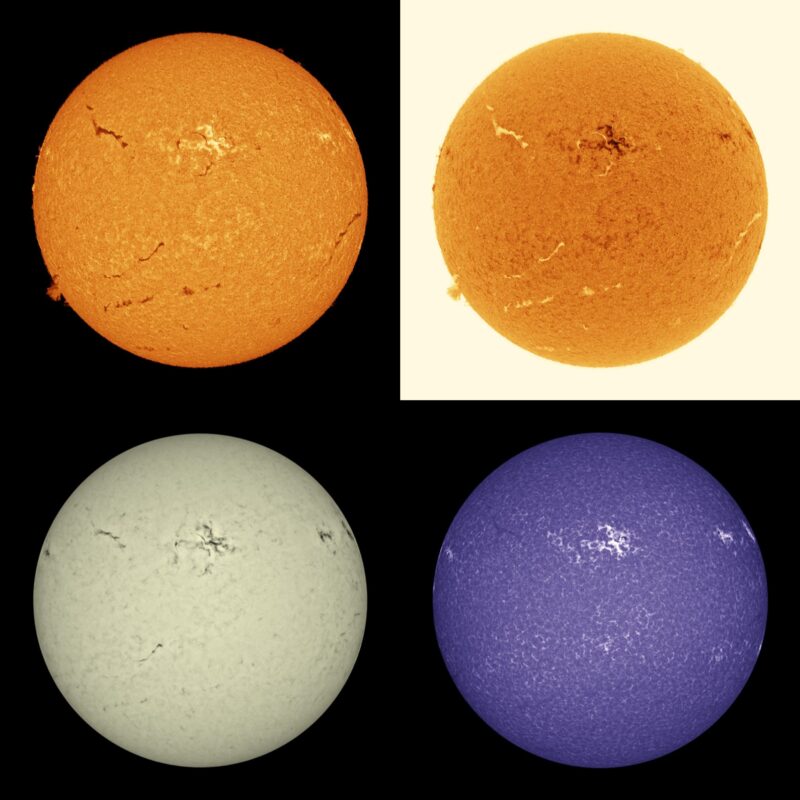 The sun, seen as four spheres in different bright colors.