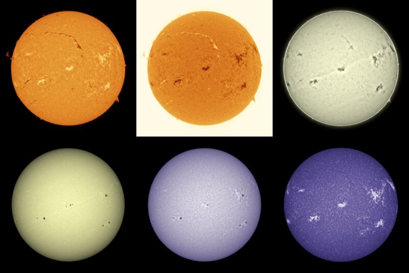 The sun, seen as six spheres in different bright colors.