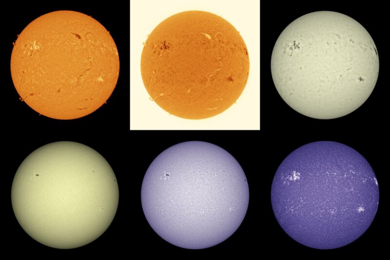 The sun, seen as six spheres in different bright colors.