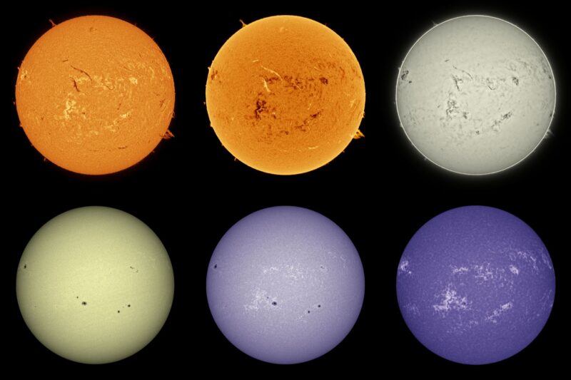 The sun, seen as six spheres in different bright colors.