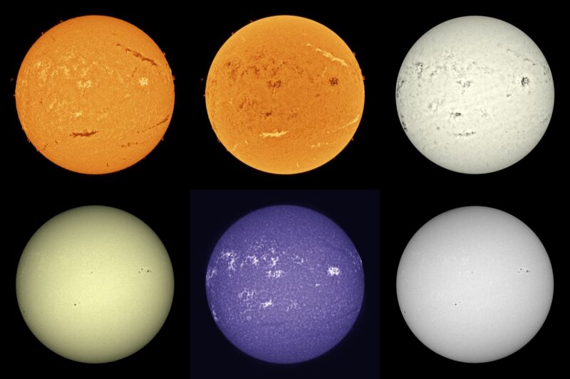 The sun, seen as six spheres in different bright colors.