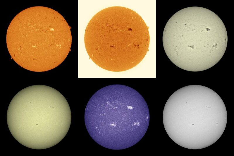 The sun, seen as six spheres in different bright colors.