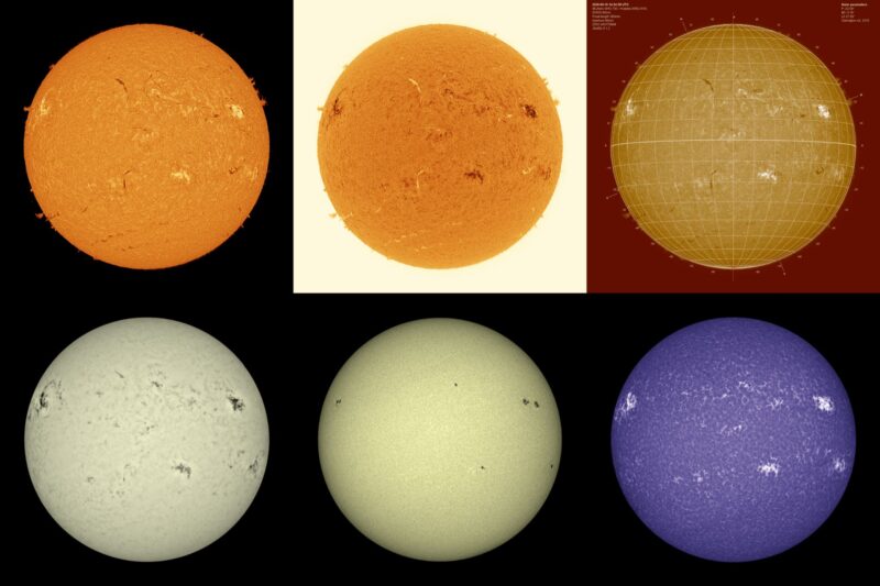 The sun, seen as six spheres in different bright colors.
