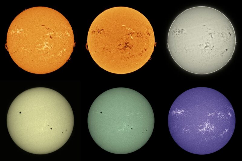 The sun, seen as six spheres in different bright colors.
