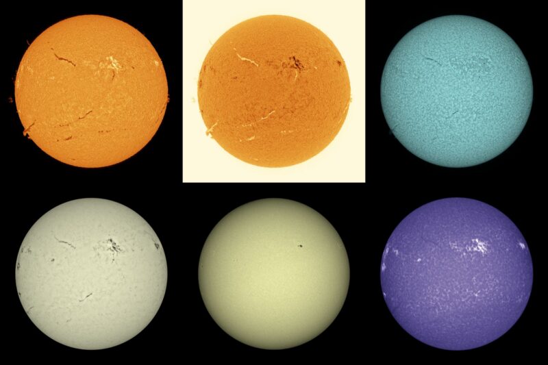 The sun, seen as six spheres in different bright colors.