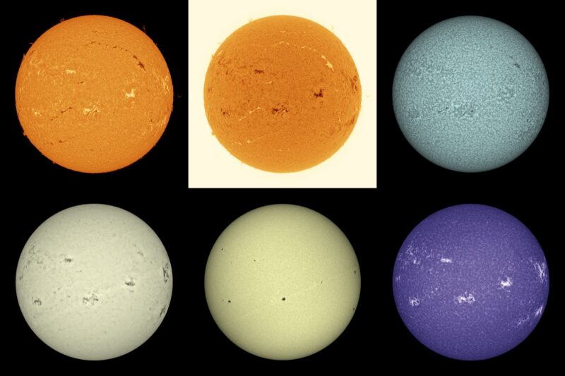The sun, seen as six spheres in different bright colors.