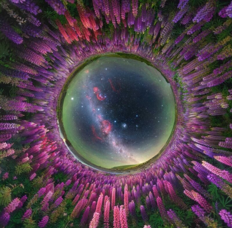 Best Milky Way photos: Fisheye view of Milky Way overhead ringed with purple flowers.