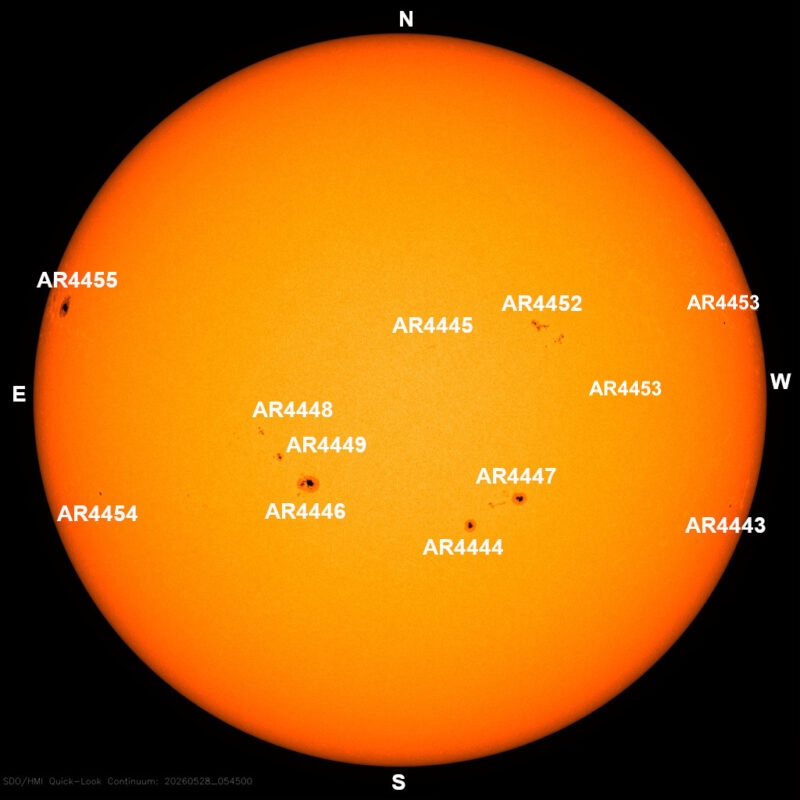 The sun, seen as a large yellow sphere with dark spots, each labeled.