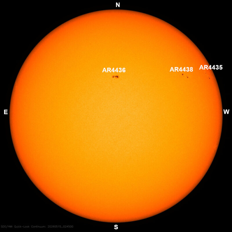 The sun, seen as a large yellow sphere with dark spots, each labeled.