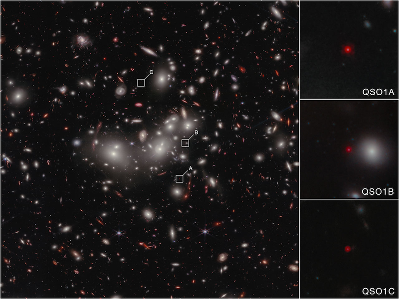 Many small bright oval objects and smaller dots in space. 3 smaller squares on the right show closeups of some of them, including small red dots.