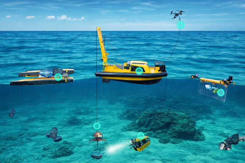 Artist concept of a fleet of robots. Some are floating on the surface, others are underwater and one is flying.
