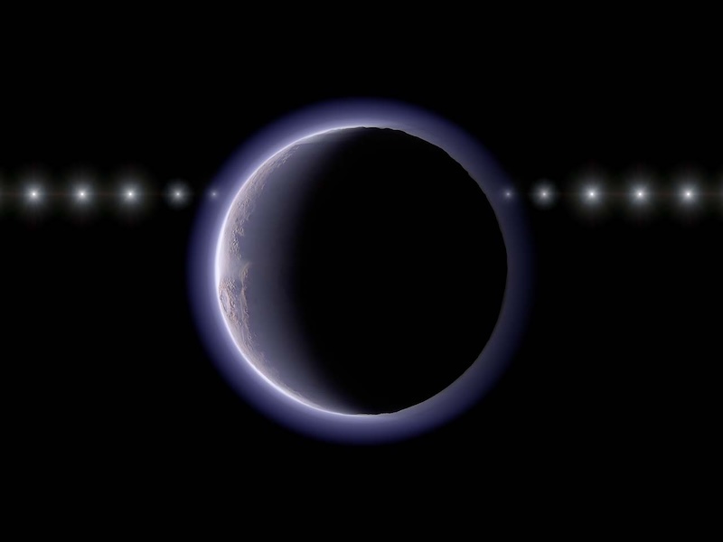 Outer solar system object: Planet-like body with ring of thin bluish atmosphere around it. 10 bright dots are split on either side of it.