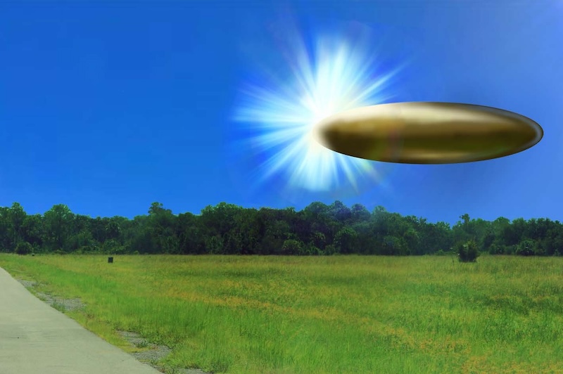 Gold oval object above a field. A burst of white light is coming from the left end of the object.