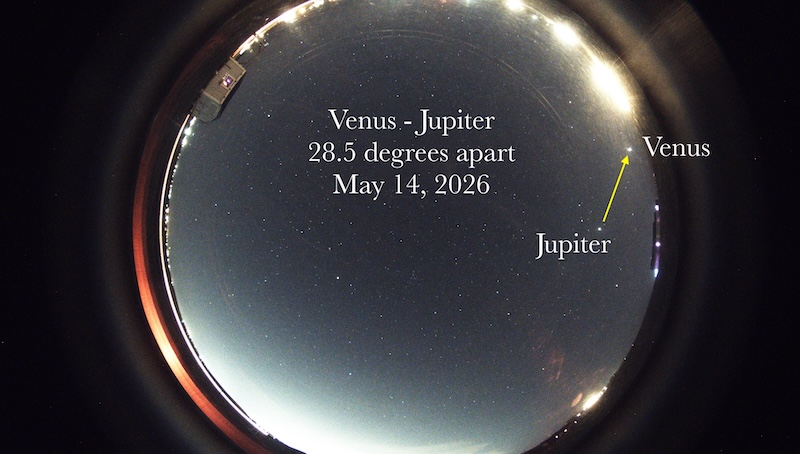 Annotated image from an allsky camera showing Jupiter and Venus 28.5 degrees apart on May 14.