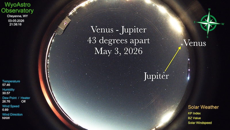 Annotated image from an allsky camera showing Jupiter and Venus 43 degrees apart.