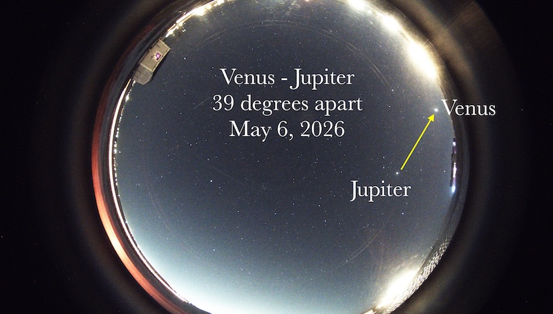 Annotated image from an allsky camera showing Jupiter and Venus 39 degrees apart on May 6.