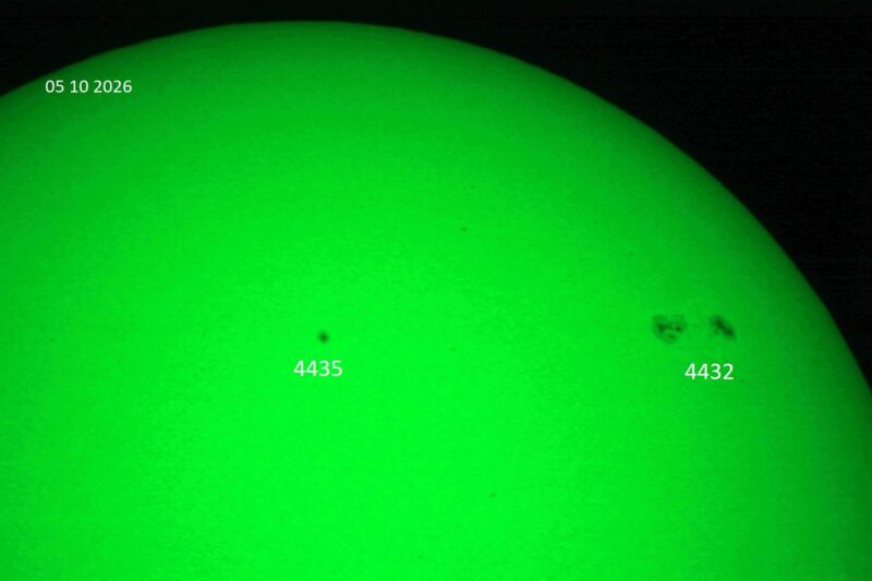 The sun, seen as a green sectional sphere with dark spots, each labeled.