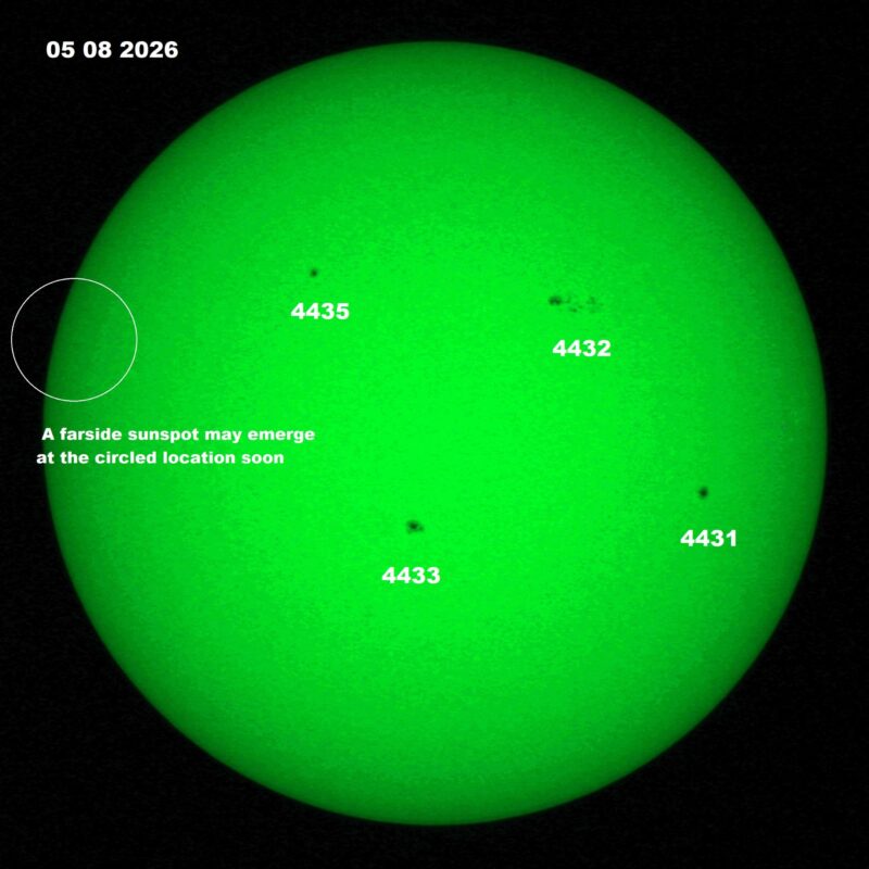 The sun, seen as a green sectional sphere with dark spots, each labeled.