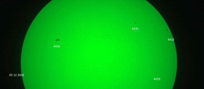 The sun, seen as a green sectional sphere with dark spots, each labeled.