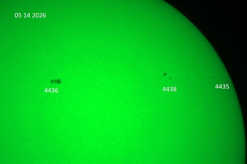 The sun, seen as a green sectional sphere with dark spots, each labeled.