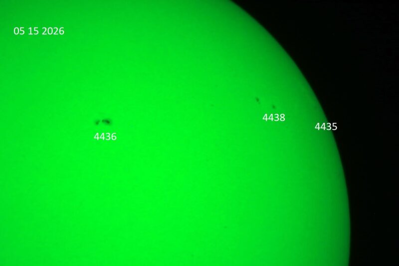 The sun, seen as a green sectional sphere with dark spots, each labeled.