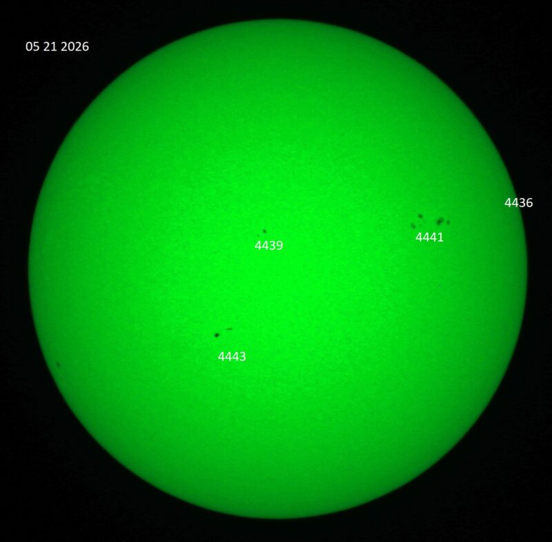 The sun, seen as a green sectional sphere with dark spots, each labeled.