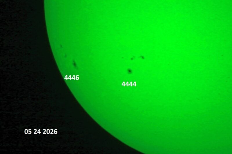 The sun, seen as a green sectional sphere with dark spots, each labeled.