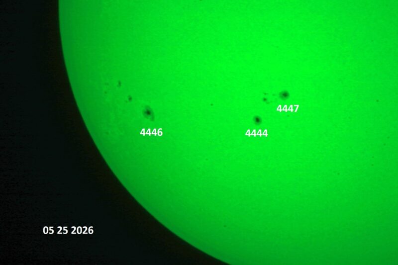 The sun, seen as a green sectional sphere with dark spots, each labeled.