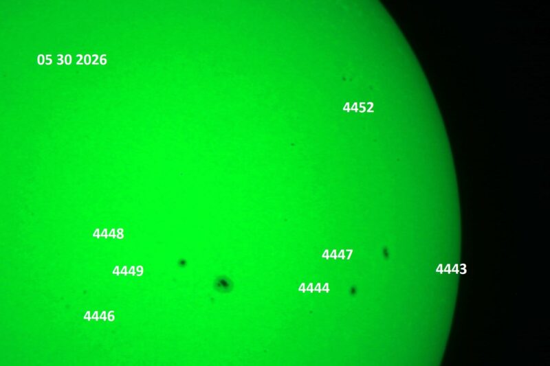 The sun, seen as a green sectional sphere with dark spots, each labeled.