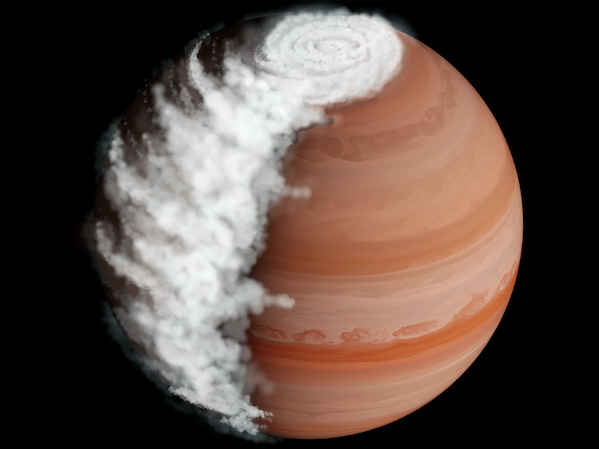 Large banded planet with huge pole to pole band of white fluffy clouds at edge of nightside.