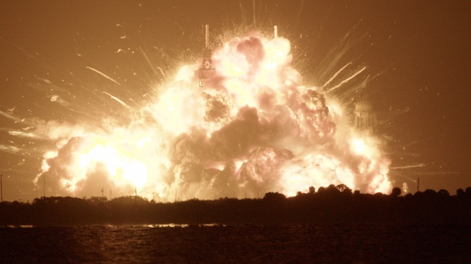 Blue Origin explosion: Huge explosion with glowing clouds of gas and glowing trails of things being thrown out of it.