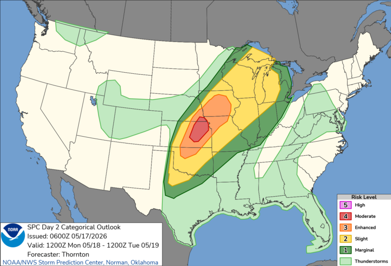 Map of US with red patch over Kansas and orange and yellow around it, and green colors over much of the Midwest and East.