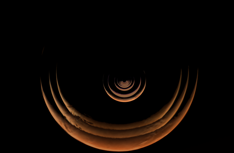 Composite with orange rings showing a crescent Mars with smallest image at center and closest on outside.