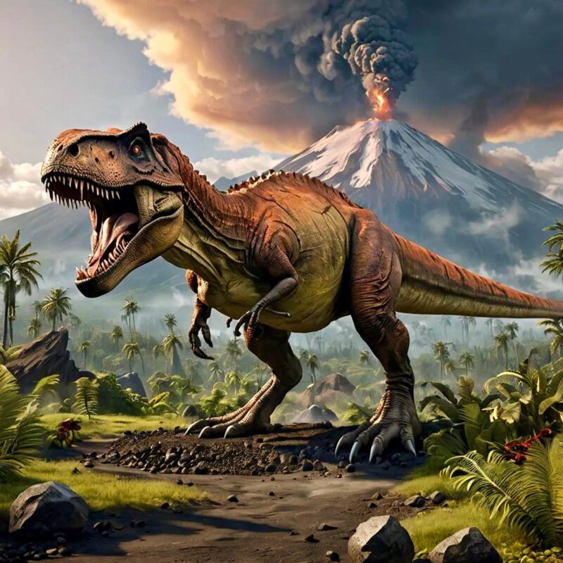 A Tyrannosaurus rex with short arms and its mouth open while a volcano erupts behind.