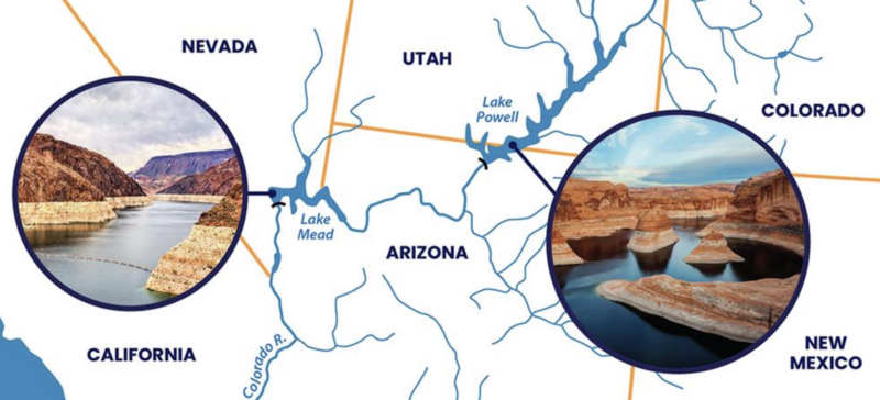 Map of the U.S. Southwest showing lakes, with inset photos showing low levels.