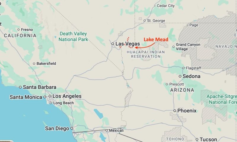 Map, with words Lake Mead and an arrow pointing to a location near Las Vegas.