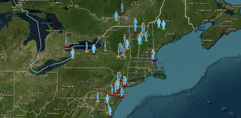 Boom probably a meteor: Partial map of U.S. east, with icons of human beings indicating where the reports were made.