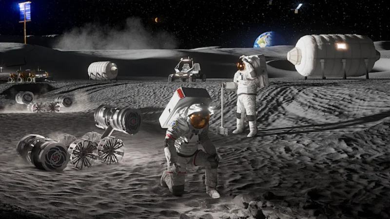 Artist's concept of space-suited astronauts on the surface of the moon, with various forms of equipment scattered around, and a rising Earth in the background.