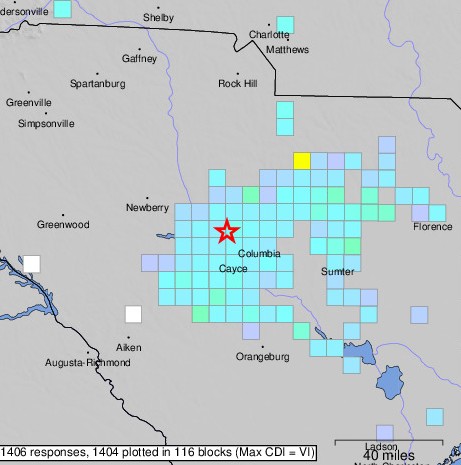 Sonic boom: Map of South Carolina with light blue squares around Columbia.