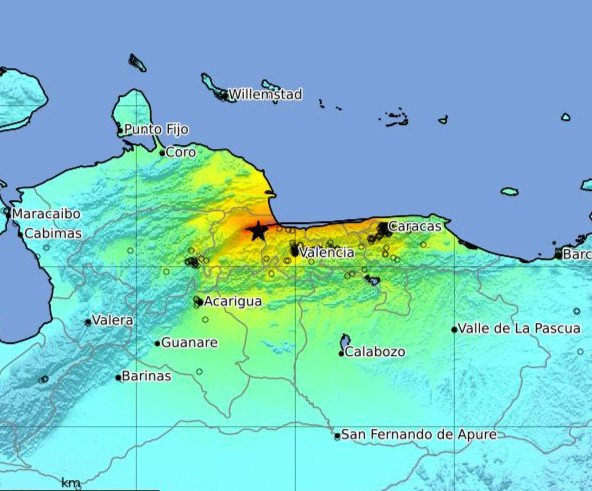 Map of north part of South America with dots for earthquake locations and colors indicating intensity.