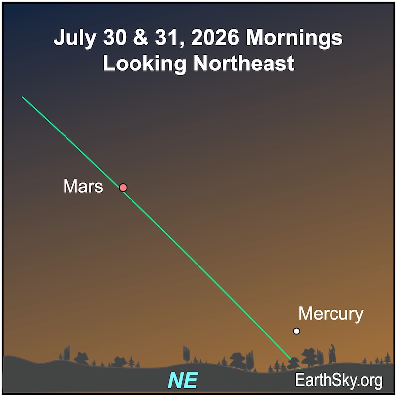 A dot, Mercury, is above a wavy line, the horizon, and below and right of another dot, Mars.