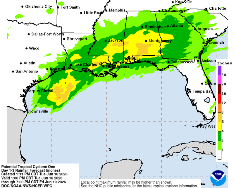 Map of US Gulf Coast and Florida with wide streaks of green and yellow along it.