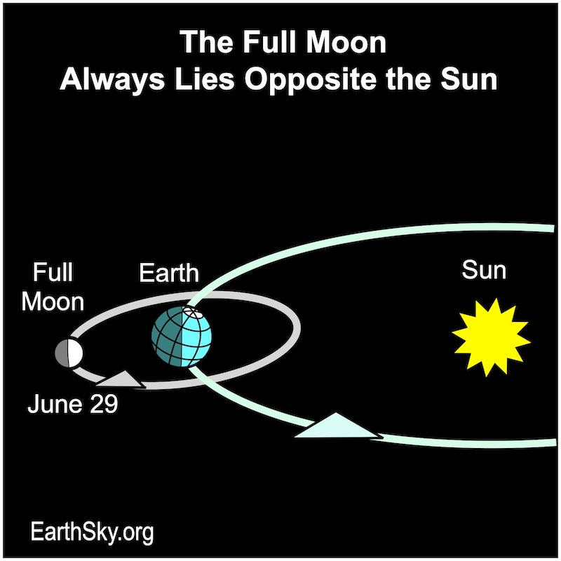 Chart showing, all in a row, a large starred dot representing the sun, a dot representing Earth, and a small dot representing the moon.